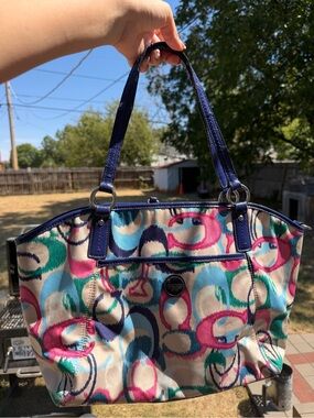 Coach Multicolor Circle Print Tote with Navy Trim